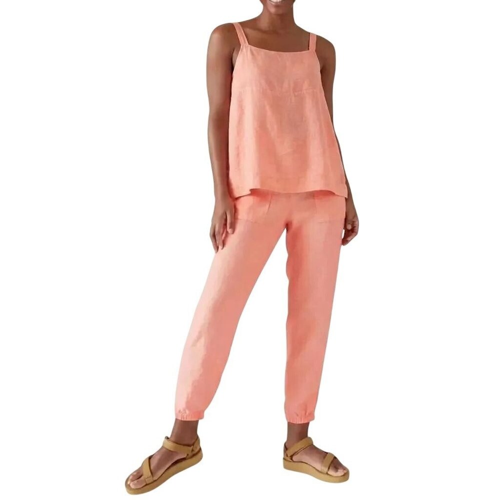 Athleta Sunset Glow Voyager Retreat Linen Tank Top Sz Large & Jogger Pants Sz 12 - Picture 1 of 16